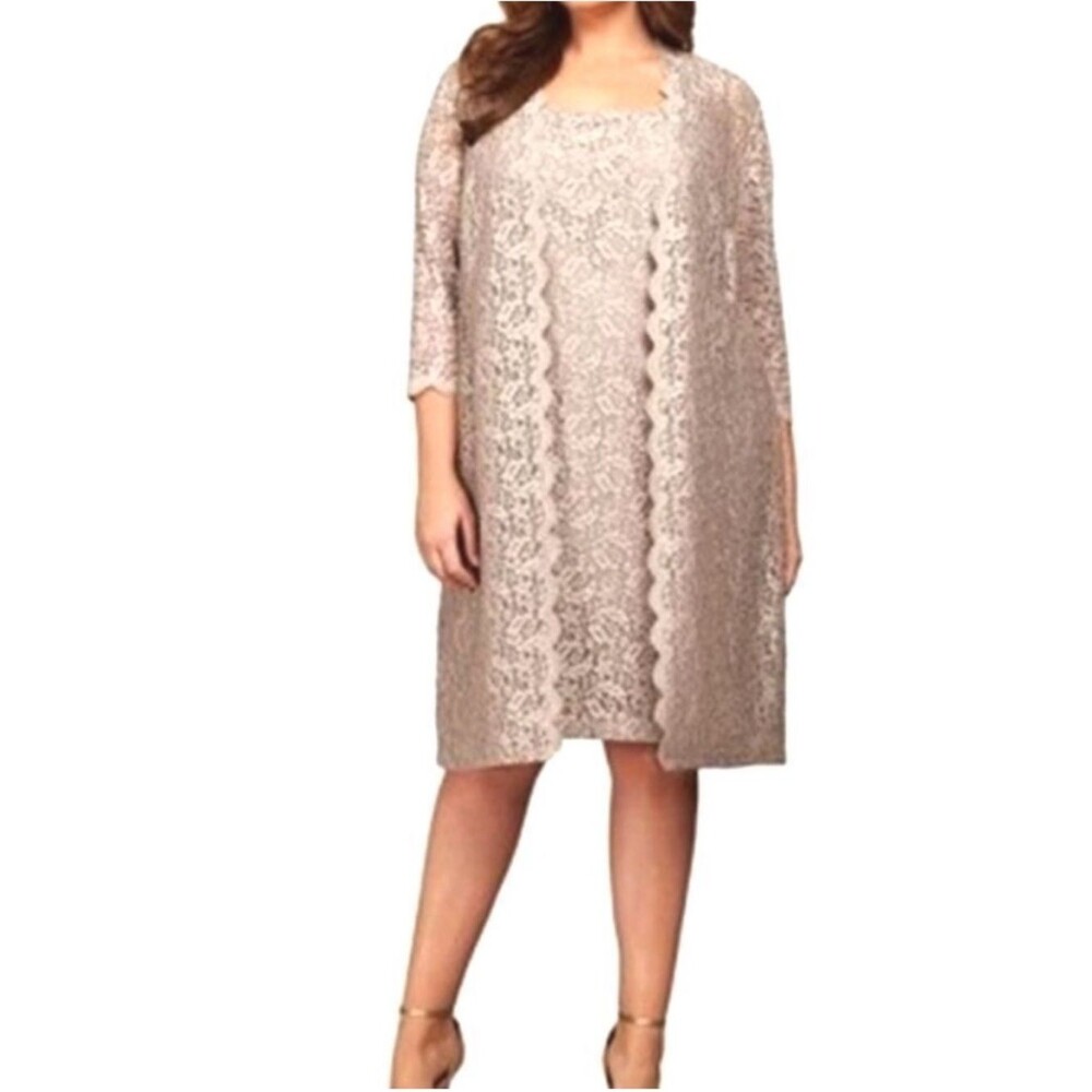 Alex Evenings Sparkle Taupe Lace Sleeveless Shift Dress + Matching Duster SZ 14